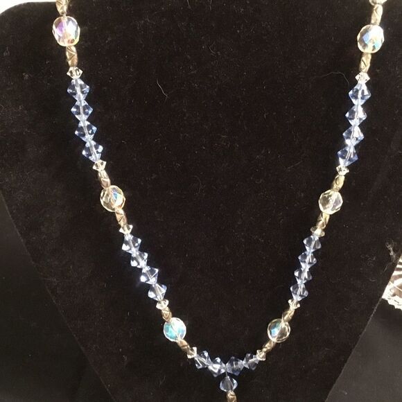 Silvertone, Blue and Clear Crystal Necklace - Picture 5 of 9